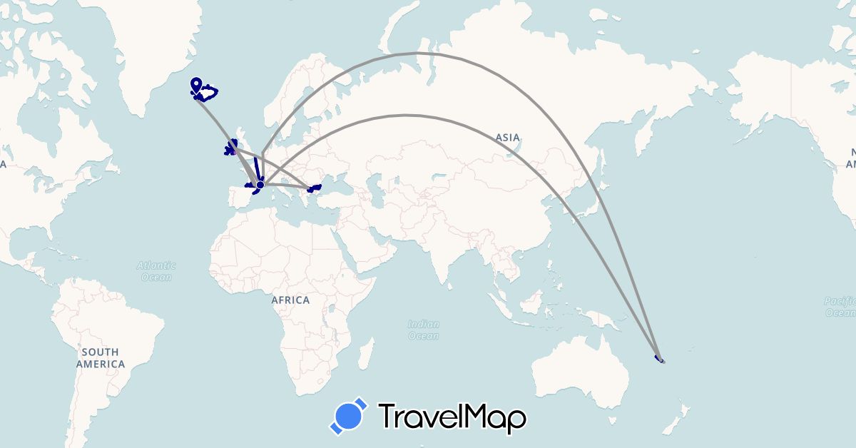 TravelMap itinerary: driving, bus, plane, train, hiking, boat in Bulgaria, Spain, France, United Kingdom, Ireland, Iceland, New Caledonia, Netherlands (Europe, Oceania)